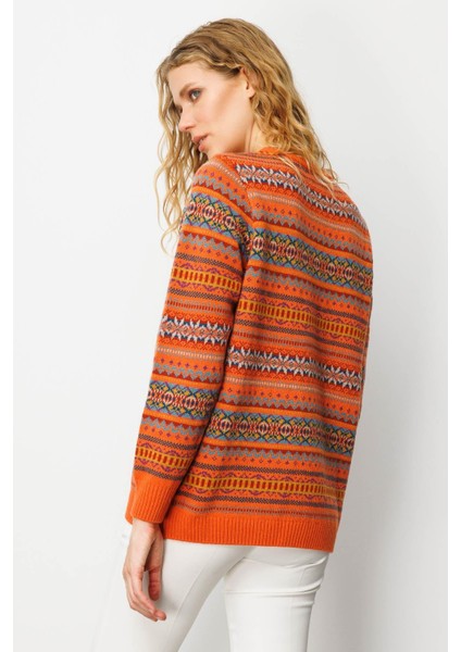 Kadın Sıfır Yaka Komple Jakarlı Yün Kazak Portakal indirimleri