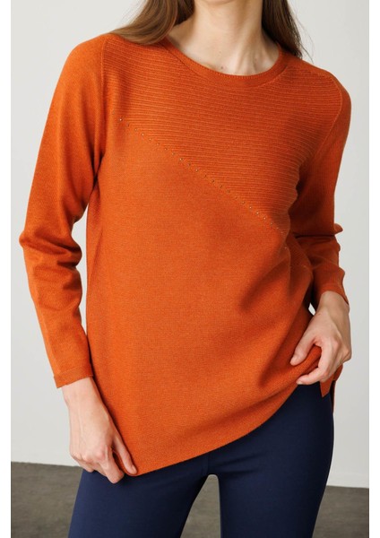 Kadın Sıfır Yaka Verev Taşlı Kazak Turuncu indirimleri