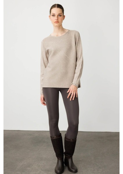 Kadın Sıfır Yaka Verev Taşlı Kazak Vizon fırsatları