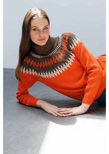 Kadın Tam Balıkçı Yaka Robası Baklavalı Yün Kazak Portakal modelleri