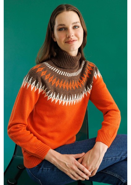 Kadın Tam Balıkçı Yaka Robası Baklavalı Yün Kazak Portakal indirimleri