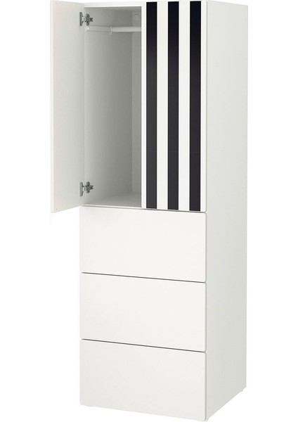 Çocuk Gardırobu, Beyaz-Siyah Çizgili, 60X57X181 Cm, 3 Çekmeceli