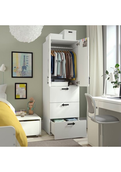 Çocuk Gardırobu, Beyaz-Siyah Çizgili, 60X57X181 Cm, 3 Çekmeceli modelleri