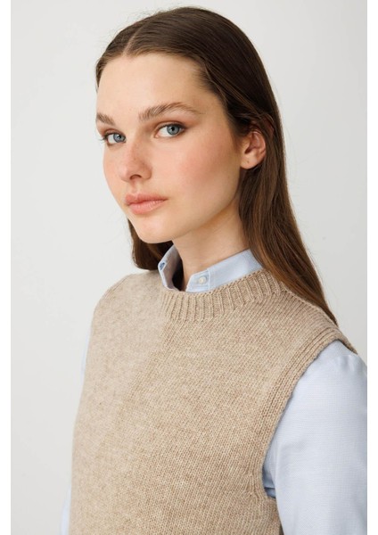 Kadın Sıfır Yaka Cep Üstü Çiçek Nakışlı Yün Süveter Vizon fırsatları