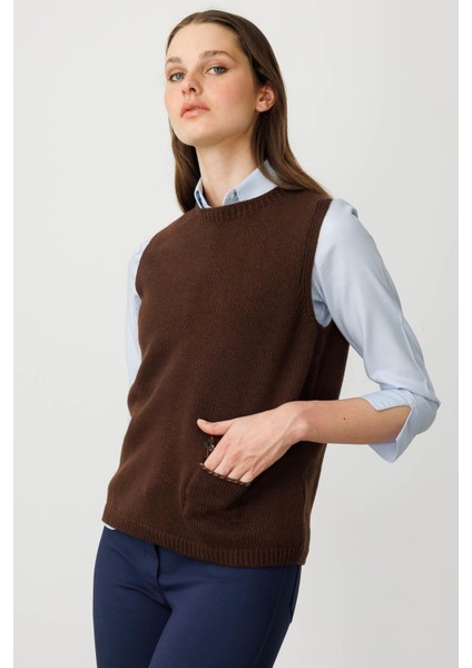 Kadın Sıfır Yaka Cep Üstü Çiçek Nakışlı Yün Süveter M.kahve fırsatları