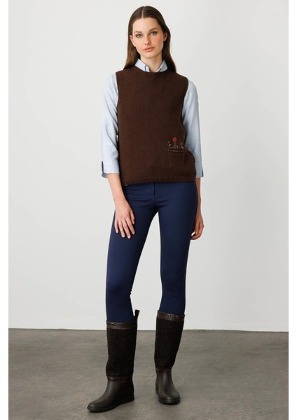 Kadın Sıfır Yaka Cep Üstü Çiçek Nakışlı Yün Süveter M.kahve indirimleri