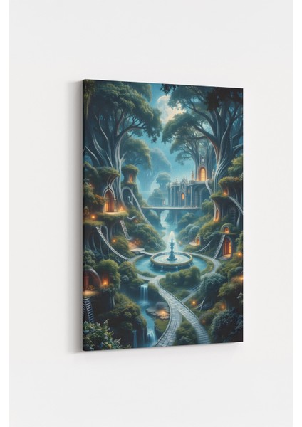 Büyülü Ağaç Evler ve Şelaleler Manzarası Tablosu Yüksek Fantasy Peyzaj Sanatı %100 Kanvas fiyatları