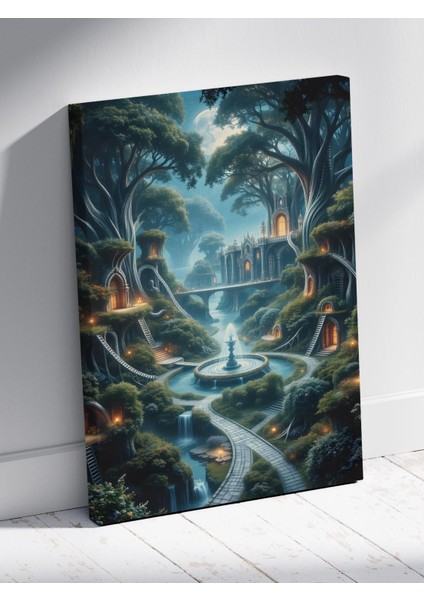 Büyülü Ağaç Evler ve Şelaleler Manzarası Tablosu Yüksek Fantasy Peyzaj Sanatı %100 Kanvas modelleri