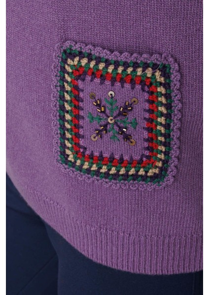 Kadın Sıfır Yaka Cebi ve Yakası Renkli Tığlamalı Yün Süveter Mor indirimleri