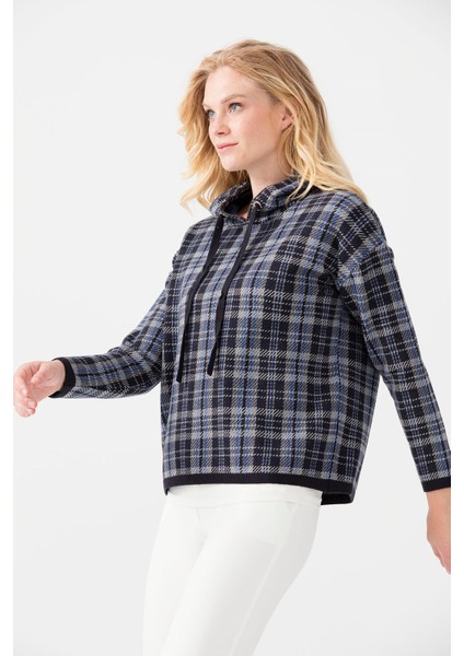 Kadın Kapüşonlu Kareli Kısa Kazak K.lacivert