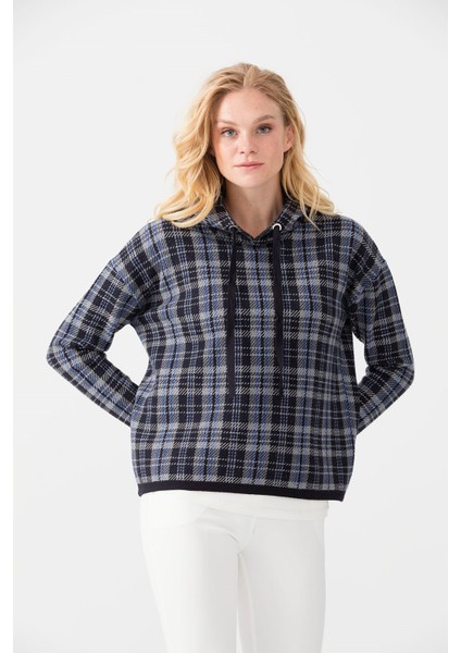 Kadın Kapüşonlu Kareli Kısa Kazak K.lacivert fiyatları