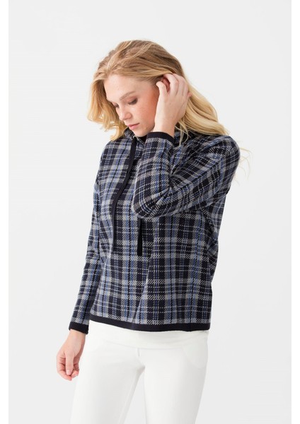 Kadın Kapüşonlu Kareli Kısa Kazak K.lacivert modelleri