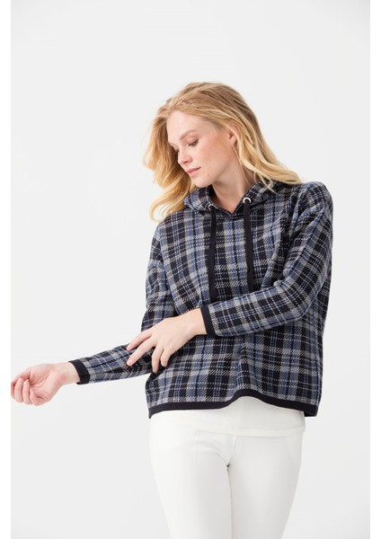 Kadın Kapüşonlu Kareli Kısa Kazak K.lacivert indirimleri