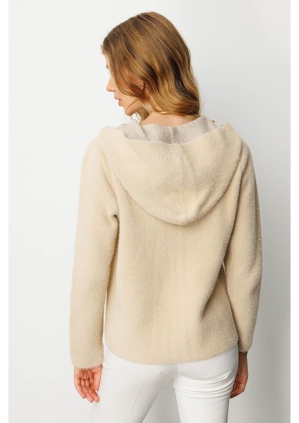 Kadın Kapüşonlu Fermuarlı Kısa Triko Sweatshirt Bej modelleri