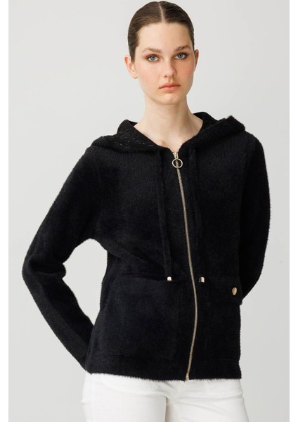 Kadın Kapüşonlu Fermuarlı Kısa Triko Sweatshirt Siyah