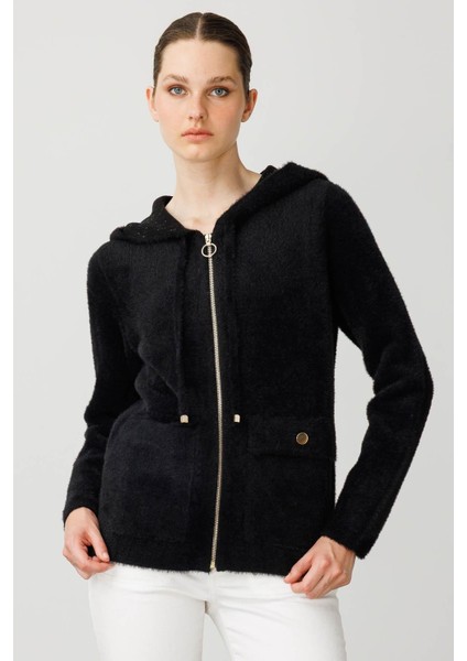 Kadın Kapüşonlu Fermuarlı Kısa Triko Sweatshirt Siyah modelleri