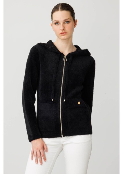 Kadın Kapüşonlu Fermuarlı Kısa Triko Sweatshirt Siyah fırsatları