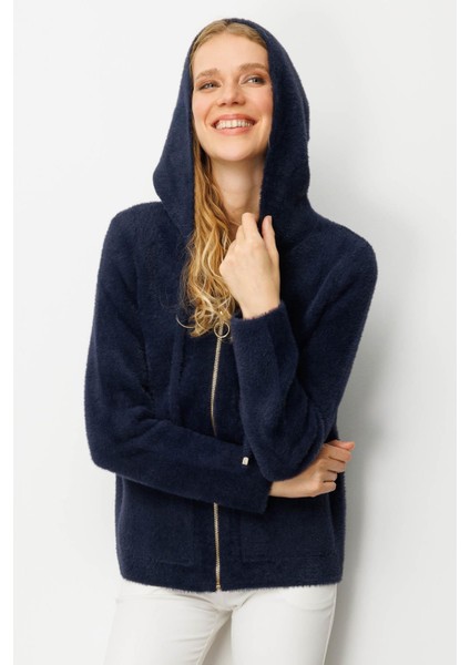 Kadın Kapüşonlu Fermuarlı Kısa Triko Sweatshirt Lacivert fiyatları
