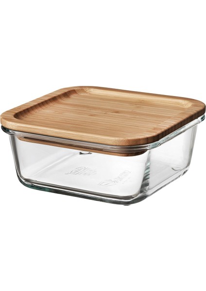 Kapaklı Cam Saklama Kabı, Cam-Bambu, 600 Ml, Kare
