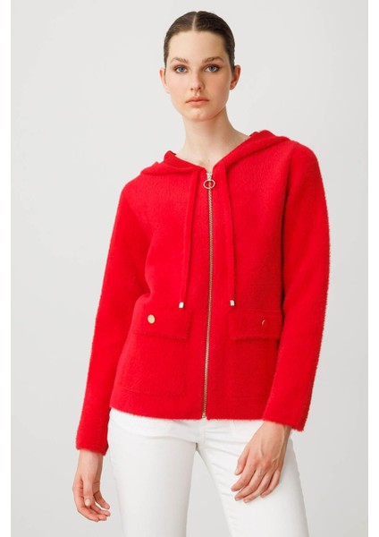 Kadın Kapüşonlu Fermuarlı Kısa Triko Sweatshirt Y.kırmızı