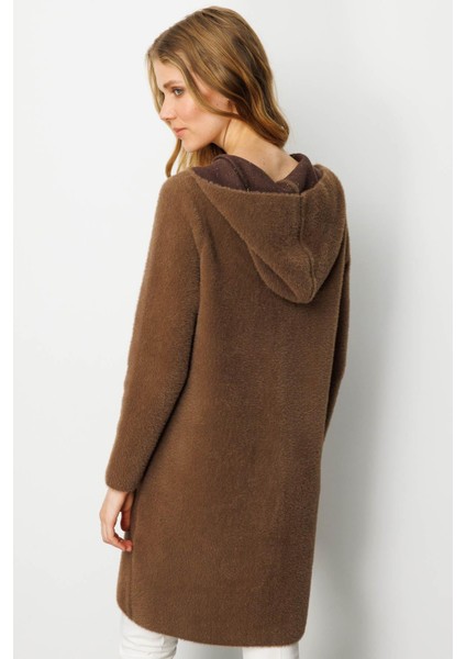 Kadın Kapüşonlu Cebi Metal Düğmeli Afrodit Triko Kaban Kahve fırsatları