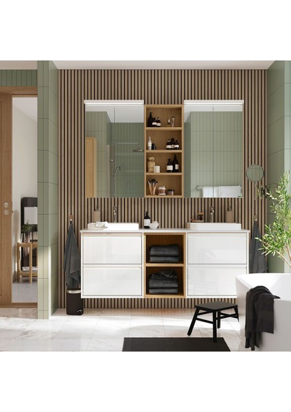 Lavabo Dolabı Kombinasyonu, Parlak Cila Beyaz-Beyaz Mermer Görünüm, 162X49X71 Cm, Brogrund Batarya, Açık Dolaplı fiyatları