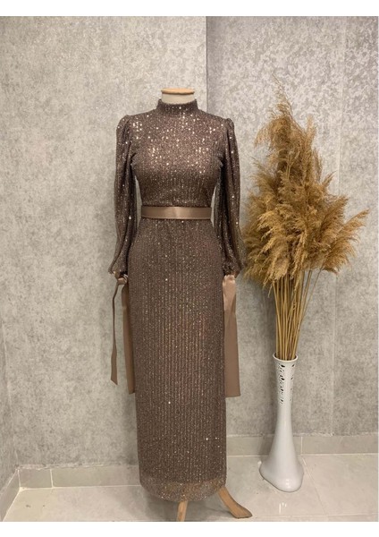 25Y4677 Abiye Full Boncuk ve Pul Detaylı Kolları Kurdeleli - Tane - 25Y4677 - Bronz - 40