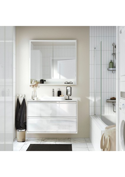 Lavabo Dolabı Kombinasyonu, Parlak Cila Beyaz-Beyaz Mermer Görünüm, 102X49X71 Cm, Brogrund Batarya fiyatları