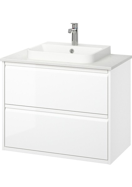 Lavabo Dolabı Kombinasyonu, Parlak Cila Beyaz-Beyaz Mermer Görünüm, 82X49X71 Cm, Brogrund Batarya