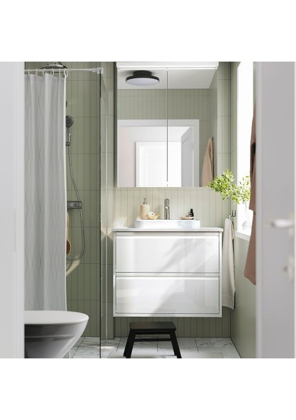 Lavabo Dolabı Kombinasyonu, Parlak Cila Beyaz-Beyaz Mermer Görünüm, 82X49X71 Cm, Brogrund Batarya fiyatları