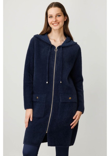 Kadın Kapüşonlu Cebi Metal Düğmeli Afrodit Triko Kaban Lacivert fiyatları