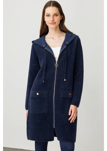 Kadın Kapüşonlu Cebi Metal Düğmeli Afrodit Triko Kaban Lacivert fırsatları