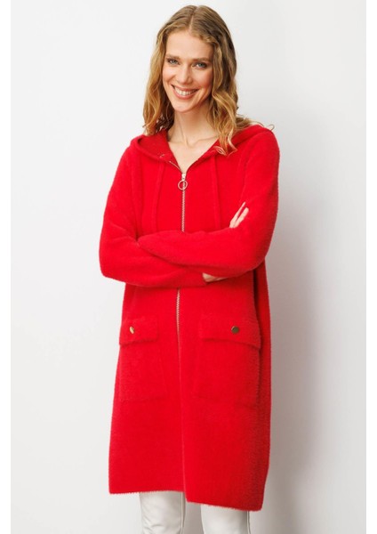 Kadın Kapüşonlu Cebi Metal Düğmeli Afrodit Triko Kaban Y.kırmızı fiyatları