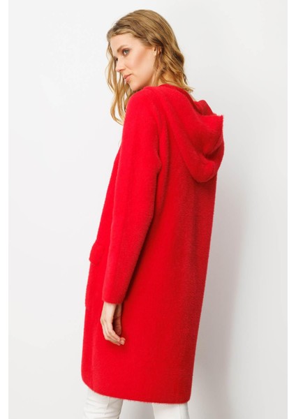 Kadın Kapüşonlu Cebi Metal Düğmeli Afrodit Triko Kaban Y.kırmızı fırsatları