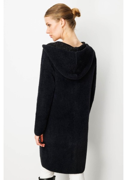 Kadın Kapüşonlu Cebi Metal Düğmeli Afrodit Triko Kaban Siyah fırsatları