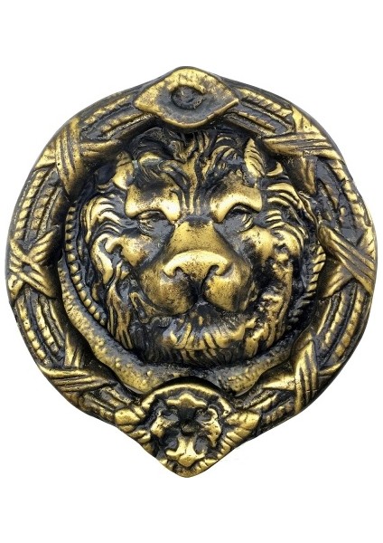 Antika Tarz Dekoratif Pirinç Aslan Kapı Tokmağı, Taktak - 185 Mm, Antik