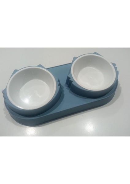 Süslüpati Yükseltilmiş Eğimli 2li Kedi Köpek Mama ve Su Kabı - Çiftli Mama Kabı Mavi