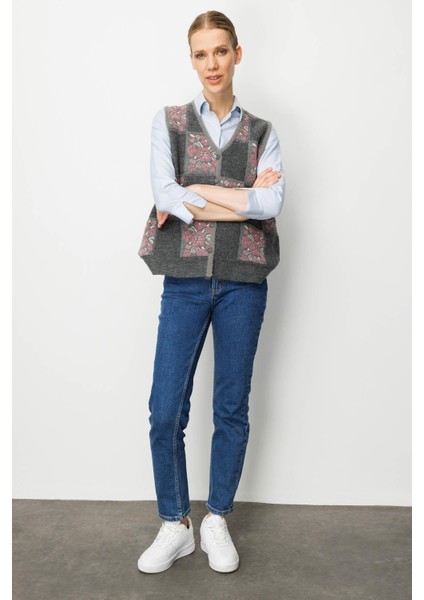 Kadın Pıtırcık Çiçekli Patchwork Keçe Yün Yelek Füme_y.g.kurusu indirimleri