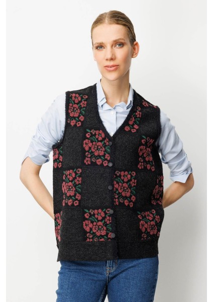Kadın Pıtırcık Çiçekli Patchwork Keçe Yün Yelek Siyah_g.kurusu indirimleri
