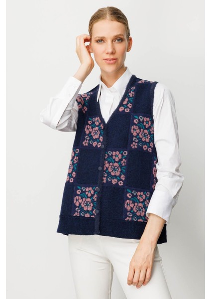 Kadın Pıtırcık Çiçekli Patchwork Keçe Yün Yelek Y.g.kurusu