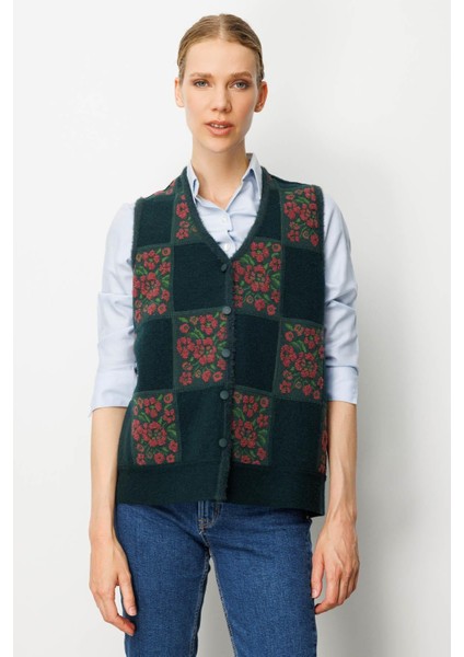 Kadın Pıtırcık Çiçekli Patchwork Keçe Yün Yelek Yeşil_k.g.kurusu