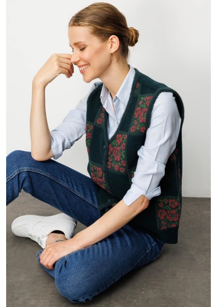Kadın Pıtırcık Çiçekli Patchwork Keçe Yün Yelek Yeşil_k.g.kurusu fiyatları