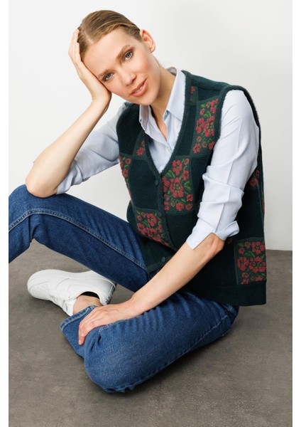 Kadın Pıtırcık Çiçekli Patchwork Keçe Yün Yelek Yeşil_k.g.kurusu fırsatları