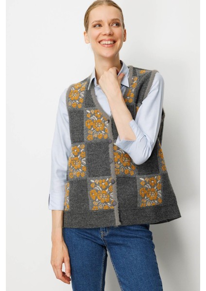 Kadın Pıtırcık Çiçekli Patchwork Keçe Yün Yelek Füme_hardal fırsatları