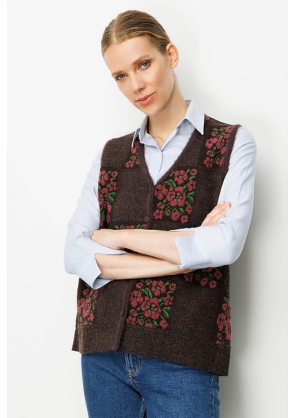 Kadın Pıtırcık Çiçekli Patchwork Keçe Yün Yelek K.kahve_g.kurusu