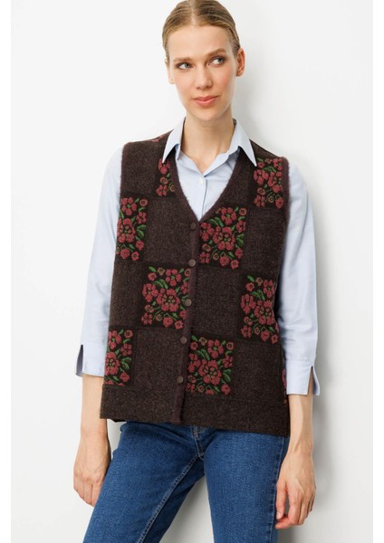 Kadın Pıtırcık Çiçekli Patchwork Keçe Yün Yelek K.kahve_g.kurusu fiyatları