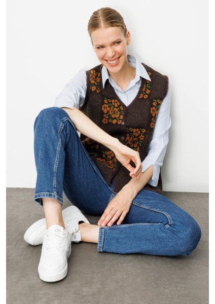 Kadın Pıtırcık Çiçekli Patchwork Keçe Yün Yelek K.kahve_tarçın modelleri