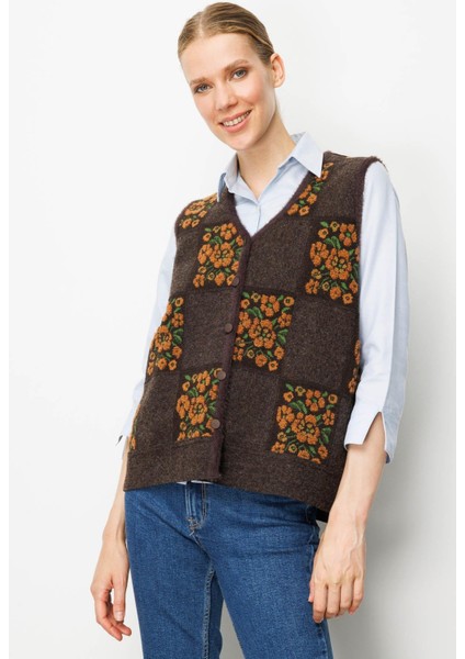 Kadın Pıtırcık Çiçekli Patchwork Keçe Yün Yelek K.kahve_tarçın fırsatları