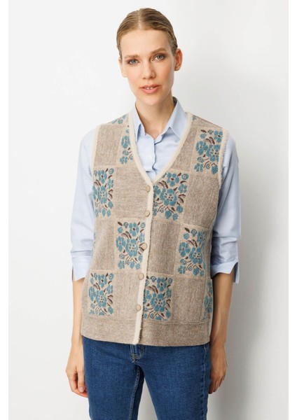 Kadın Pıtırcık Çiçekli Patchwork Keçe Yün Yelek Bej_m.yeşili fırsatları