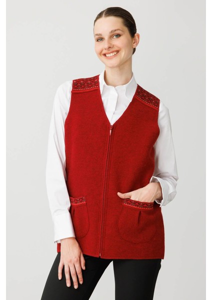 Kadın V Yaka Önü Keçe Fermuarlı Kısa Yün Yelek Y.kırmızı
